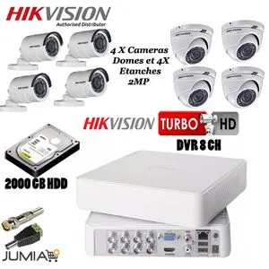 Hikvision Pack Complet de A à Z de Système de Surveillance : DVR 8 CH Turbo HD + 2000 GB + 8 Caméras + Bloc d'alimentation 8P+ 12 Connecteurs BNC &amp; DC