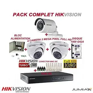 Hikvision Pack Complet Vidéo Surveillance  DVR 4 HD +Disque dure 1 to+ 3 Caméras (1Bullets 2dômes) + d'alimentation + Connecteurs BNC &amp; DC