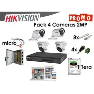 Hikvision Pack Professionnel  Complet Hikvision DVR 4ch + 2 Caméras Outdoor + 2 Camera Dome + Disque dur 1T + Micro + Alimentation 5A + Fiches 4 DC &amp; 8BNC