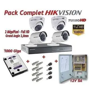 Hikvision Pack Complet Pour Système de Surveillance  DVR 4voies Turbo HD +Disque dure 2 to+ 4 Caméras (2Bullets 2dômes) + Bloc d'alimentation 12V5A + Connecteurs BNC &amp; 12v
