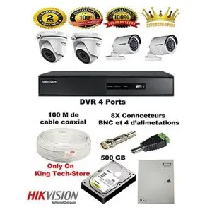 Hikvision Pack Complet de A à Z de Système de Surveillance : DVR 4voies Turbo HD + 500 GB + 4 Caméras + Bloc d'alimentation + 12 Connecteurs BNC &amp; DC