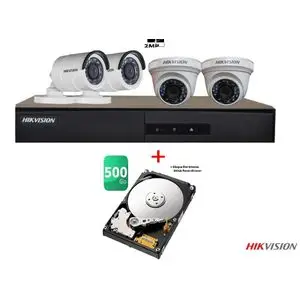 Hikvision Kit de surveillance vidéo DVR 4 ports + 2 Camera externes 2Mp HD + 2 caméras internes 2Mp + Disque Dur 500 Go Recicler installer dans Le Dvr
