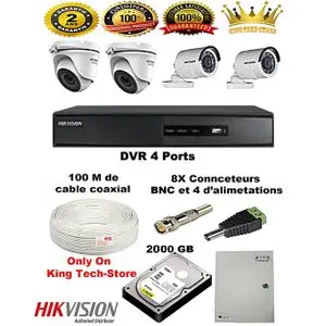 Hikvision Pack Complet de A à Z de Système de Surveillance : DVR 4voies Turbo HD + 2000 GB + 4 Caméras + Bloc d'alimentation + 12 Connecteurs BNC &amp; DC