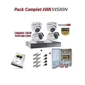 Hikvision Pack Complet DVR 4 HD + 4 Caméras + Bloc d'alimentation + Connecteurs BNC &amp; DC +HDD 500GB
