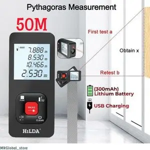 HILDA Télémètre laser numérique 50m, distance mètre ruban, Lithium Battery 300mAh