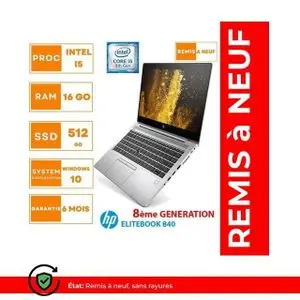 Hp EliteBook 840 G5 – 14” – Core i5 8ème Gén – 16GB RAM – 512GB SSD – QWERTY (Remis à neuf)