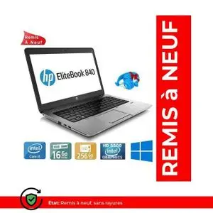 Hp Elitebook 840 G2 - Core i5-5200U - 16Go RAM + 256Go SSD - 14" HD - Noir et Gris (Remis à Neuf)