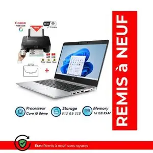 Hp Pack EliteBook 830 G6 - Core i5-8365U - RAM 16 Go - SSD 512 Go + Imprimante Canon PIXMA TS3640 - Wi-Fi - Multifonction - (Imprimante: Neuve - PC remis à neuf)
