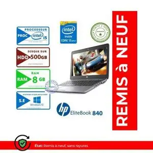 Hp PC Portable EliteBook 840 - 14" - Intel Core i5 - 8GB RAM + 500GB HDD - Windows - Remis à neuf