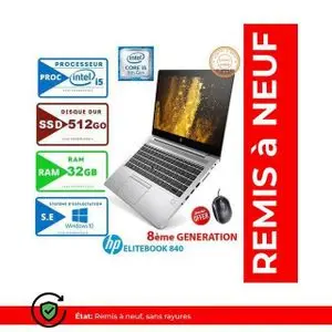 Hp PC PORTABLE  ELITEBOOK 840 G5 8ÉME GÉN-CORE I5-32 Go-512 Go SSD-AZERTY-Remise à neuf