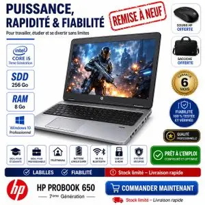 Hp PC Portable Probook 650 Core i5 G3- 7ème Génération- 256 Gb SSD- 8GB RAM -Ecran 15.6"- GARANTIE 6 MOIS -remis a neuf - AZERTY