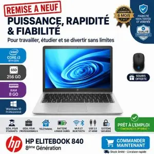 Hp PC PORTABLE  ELITEBOOK 840 G5 8ÉME GÉN-CORE I3-8Go-256 Go SS-AZERTY-Remise à neuf