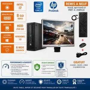 Hp PACK PC BUREAU PRODESK 600 -INTEL CORE I7-RAM 8 Go-HDD 250Go-avec Ecran 19" PHILIPS -clavier, souris et tapis gratuits- GARANTIE 6 MOIS-(Remis a Neuf)