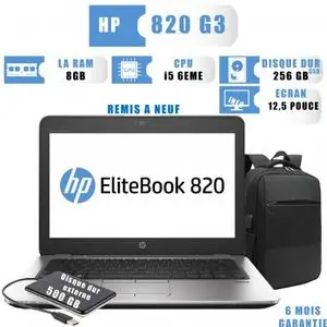 Hp EliteBook 820 G3 Core i5 6Gén RAM 8Go 256 SSD Sac a Dos + Disque Dur Externe 500 Gb -Remis a Neuf