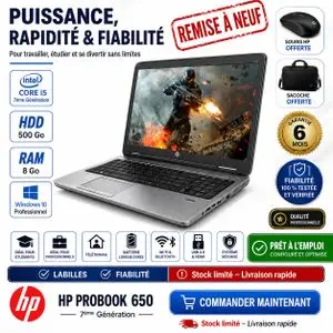 Hp PC Portable Probook 650 Core i5 G3- 7ème Génération- 500Go HDD- 8GB RAM -Ecran 15.6"- GARANTIE 6 MOIS -remis a neuf - AZERTY