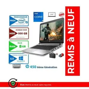 Hp PC PORTABLE  450 G3 6EME GEN-INTE CORE I5-RAM 8 GO-256 SSD-CARTABLE ET SOURIS GRATUIT -GARANTIE 6 MOIS -REMIS A NEUF