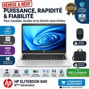 Hp PC PORTABLE  ELITEBOOK 840 G5 8ÉME GÉN-CORE I7-16Go-512 Go SS-AZERTY-Remise à neuf