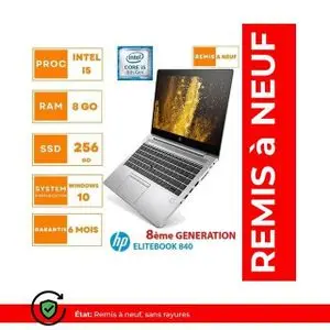 Hp EliteBook 840 G5 – 14” – Core i5 8ème Gén – 8GB RAM – 256GB SSD – QWERTY (Remis à neuf)
