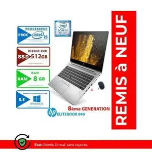 Hp ELITEBOOK 840 G5 8ÉME GÉN-CORE i5-16Go-512 Go SSD-GARANTIE DE SIX MOIS-Remis à neuf