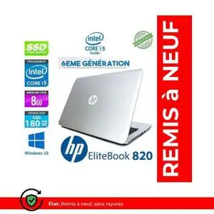 Hp Ordinateur Portable EliteBook 820 - 12.5" - 8GB + 180GB - Intel Core i5 6ème Génération - Remis à neuf