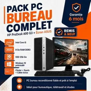 Hp PACK PC BUREAU PRODESK 600 G3 -INTEL CORE I5-RAM 8 Go-SSD 256o-avec Ecran 19" ASUS -clavier, souris et tapis gratuits- GARANTIE 6 MOIS-(Remis a Neuf)