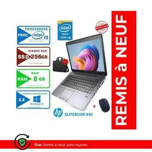 Hp PC Portable EliteBook 840 - 14" - Intel Core i5 - 8GB RAM + 256GB SSD - CARTABLE ET SOURIS GRATUIT - Remis à neuf