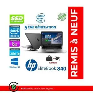 Hp PC Portable EliteBook 840 - 14" - 8GB + 256GB - Intel Core i5 5ème Génération + Cartable + Souris Gratuit - Remis à neuf