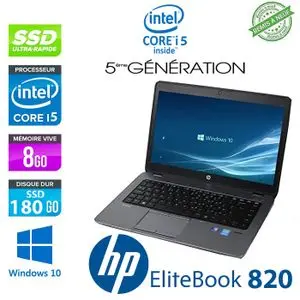 Hp Ordinateur Portable EliteBook 820 - 12.5" - 8GB + 180 - Intel Core i5 5ème Génération - Windows - Remis à neuf