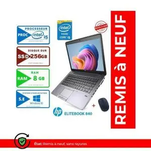 Hp PC PORTABLE EliteBook 840-CORE INTEL i5-RAM 8Go- 256Go SSD -garantie de 6 mois - remise à neuf