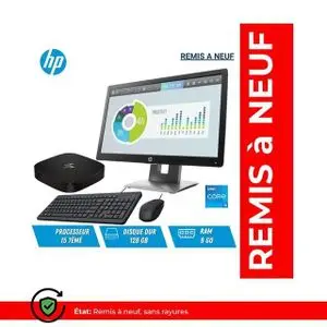 Hp Mini PC Elite Slice Intel® Core™ i5 i5-7500T 8 Go DDR4 Disque Dur 128 Go SSD Avec Ecran 20 pouce - Remis a Neuf -