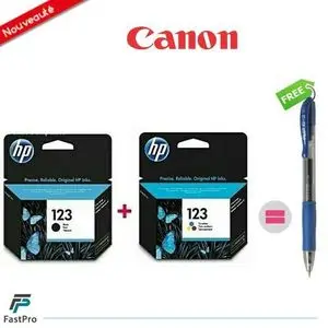 Hp Cartouche 123 Noir + 123 Tri-Color ( Original ) = Stylo roller rétractable Offert