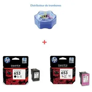 Hp Pack Cartouche d'encre 653 noir + couleur Pour DeskJet plus Ink Advantage 1275, 2375, 2376, 2700 2775, 6075, 6475, 2776  ( DISTRIBUTEUR TROMBONES OFFERTE )