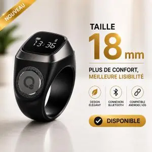 iqibla Zikr, IQibla, Smart Ring, Bague, Taille 18mm, Dhikr, louange, Tasbih, Tally, compteur, heures de prière, rappel, vibrations, étanche
