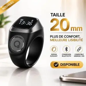 iqibla Zikr, IQibla, Smart Ring, Bague, Taille 20mm, Dhikr, louange, Tasbih, Tally, compteur, heures de prière, rappel, vibrations, étanche