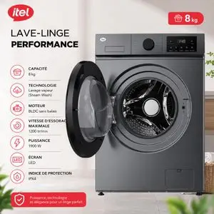 Itel Machine à Laver Frontale 8 Kg Moteur BLDC 1200 tr/min, Lavage Vapeur, IXQG80-AN
