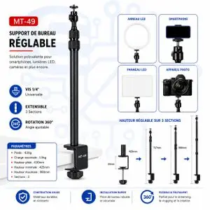 Jmary Support de Bureau Réglable pour Smartphone, Caméra &amp; Éclairage LED – Rotation 360° – Extensible 42,5 à 98 cm – Filetage Universel 1/4