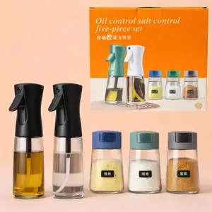 Kimo Set 5 pièces distributeurs huile &amp; épices en verre – Spray huile + pots sel sucre épices – Couleur aléatoire