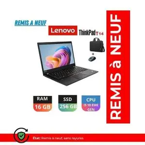 Lenovo Pc portable Thinkpad T14 Gen 1 i5-10eme génération 16 Go , 256 Go SSD - 14 Pouces FHD - QWERTY (Remis à Neuf)