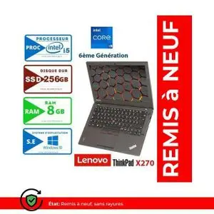 Lenovo ThinkPad X270 - 12.5" - Intel Core i5 - 6ème Génération - 8GB RAM + 256GB SSD - Windows - AZERTY - Remis à neuf