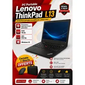 Lenovo PC PORTABLE  Thinkpad L13 Core i3-10ème Génération-RAM 16GB -512 SSD-AZERTY-GARANTIE 6 MOIS- SOURIS GRATUIT-Remis a Neuf/