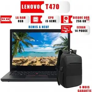 Lenovo Thinkpad T470 Core i5-6ème AZERTY RAM 8GB 256 SSD Sac a dos Gratuit -Remis a Neuf