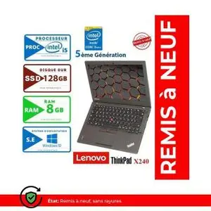 Lenovo PC Portable ThinkPad X240 - 12.5" - Intel Core i5 - 8GB RAM + 128GB SSD - Windows - AZERTY - Remis à neuf