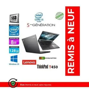 Lenovo Ordinateur Portable ThinkPad T450 - 14" - Intel Core i5 - 8GB RAM + 128GB SSD - Windows - Remis à neuf