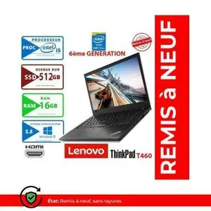 Lenovo PC Portable ThinkPad T460 - 14" - Intel Core i5 6ème Génération - 16GB RAM + 512GB SSD - Windows - Remis à neuf