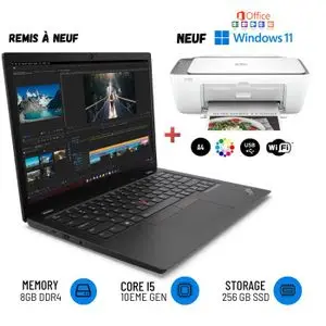 Lenovo Pack Étudiant &amp; Télétravail - ThinkPad L13 Gen1 Core i5 10th Gen - 8Go RAM - 256Go SSD + Imprimante HP DeskJet 2876 WiFi