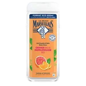 Le Petit Marseillais Gel Douche &amp; Bain Extra Doux Orange BIO &amp; Pamplemousse Bio, 650ml
