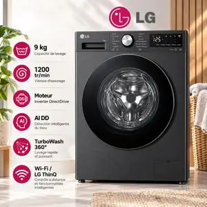 LG Machine à laver 9KG AI DD TurboWash Steam 1200 tr/min et Wi-Fi ThinQ, F2X5FYN26