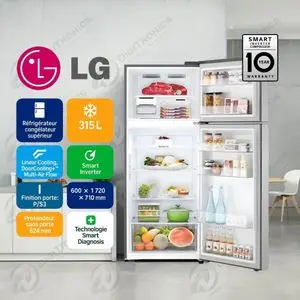 LG Réfrigérateur Smart Inverter 315 L, Linear Cooling, DoorCooling+, congélateur supérieur, GR-B402PLGB