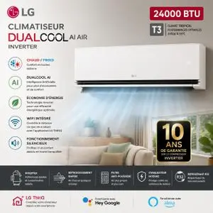 LG Climatiseur AI AIR 24000 BTU T3 DUAL Inverter chaud/froid, Dual Vane, Soft Air, Wi-Fi ThinQ, DA24A1H0