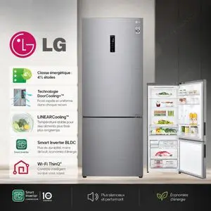 LG Réfrigérateur 455L Smart Inverter Congélateur Bas,Technologie DoorCooling+, Wi-Fi ThinQ, GR-B639NLCM